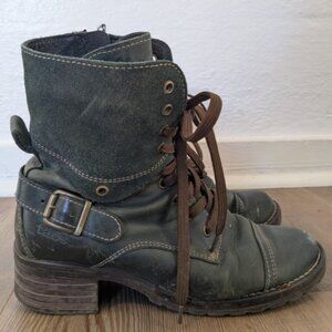 Taos Crave Ankle Boot US 6.5 /37 Combat Moto Teal Leather Lace Up Heel Round Toe